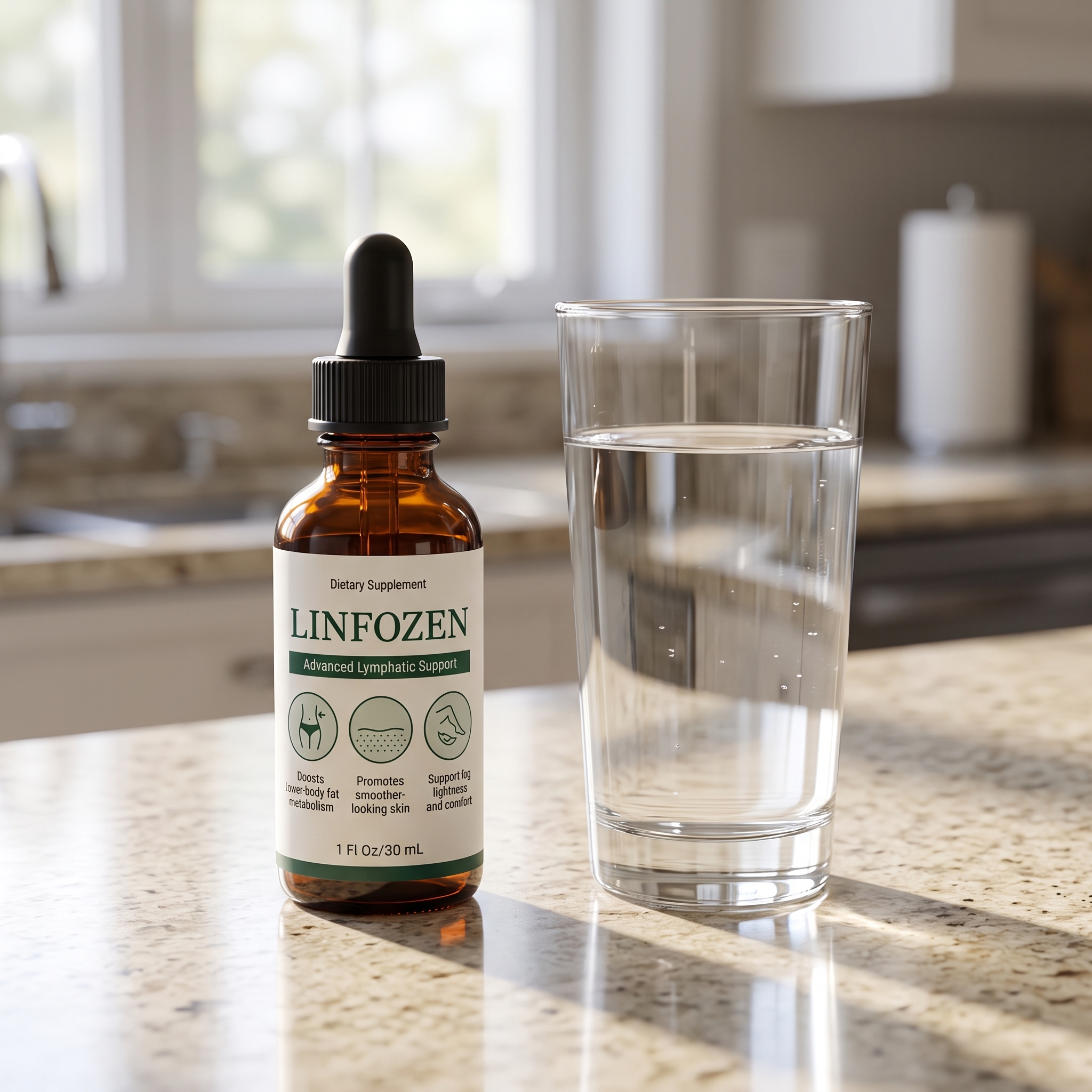 Linfozen Lymphatic Drops next to a glass of water on a kitchen counter