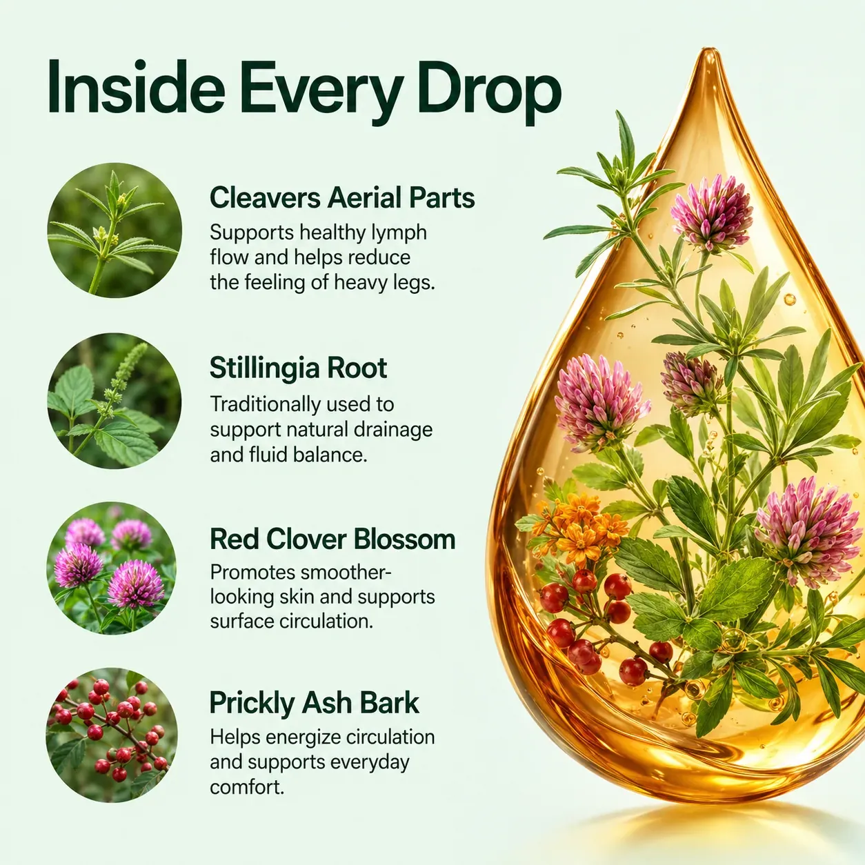 Linfozen ingredients: Cleavers Aerial Parts, Stillingia Root, Red Clover Blossom, Prickly Ash Bark