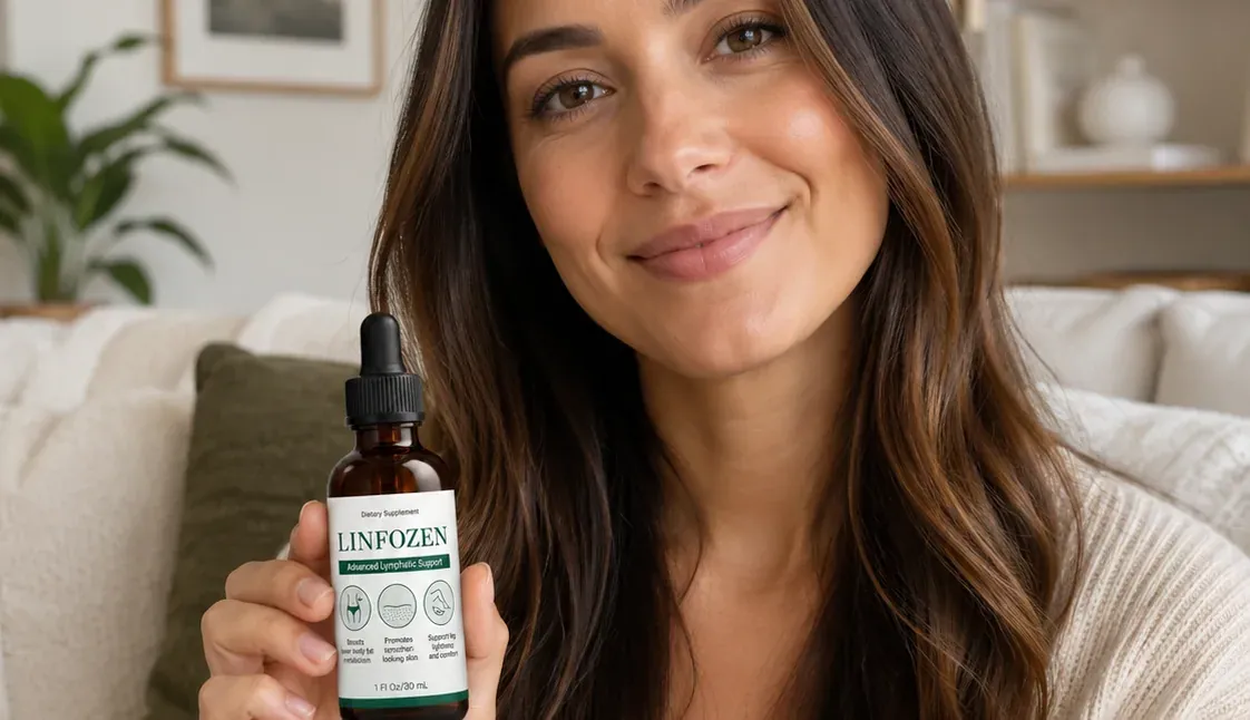 Woman holding Linfozen Lymphatic Drops